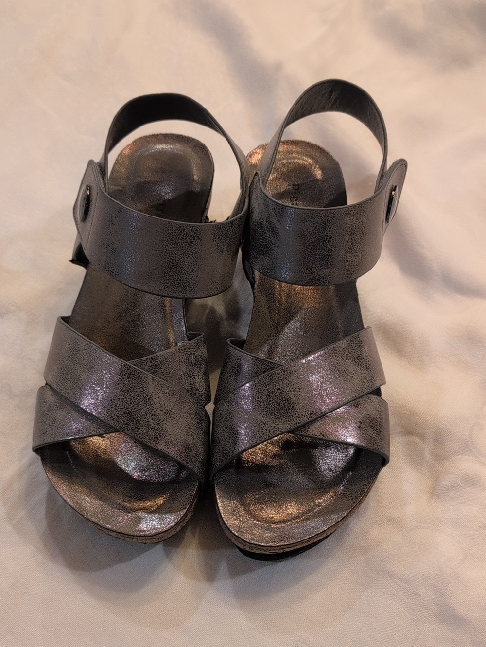 Pierre Dumas Metallic Gray Crisscross Wedge Sandals